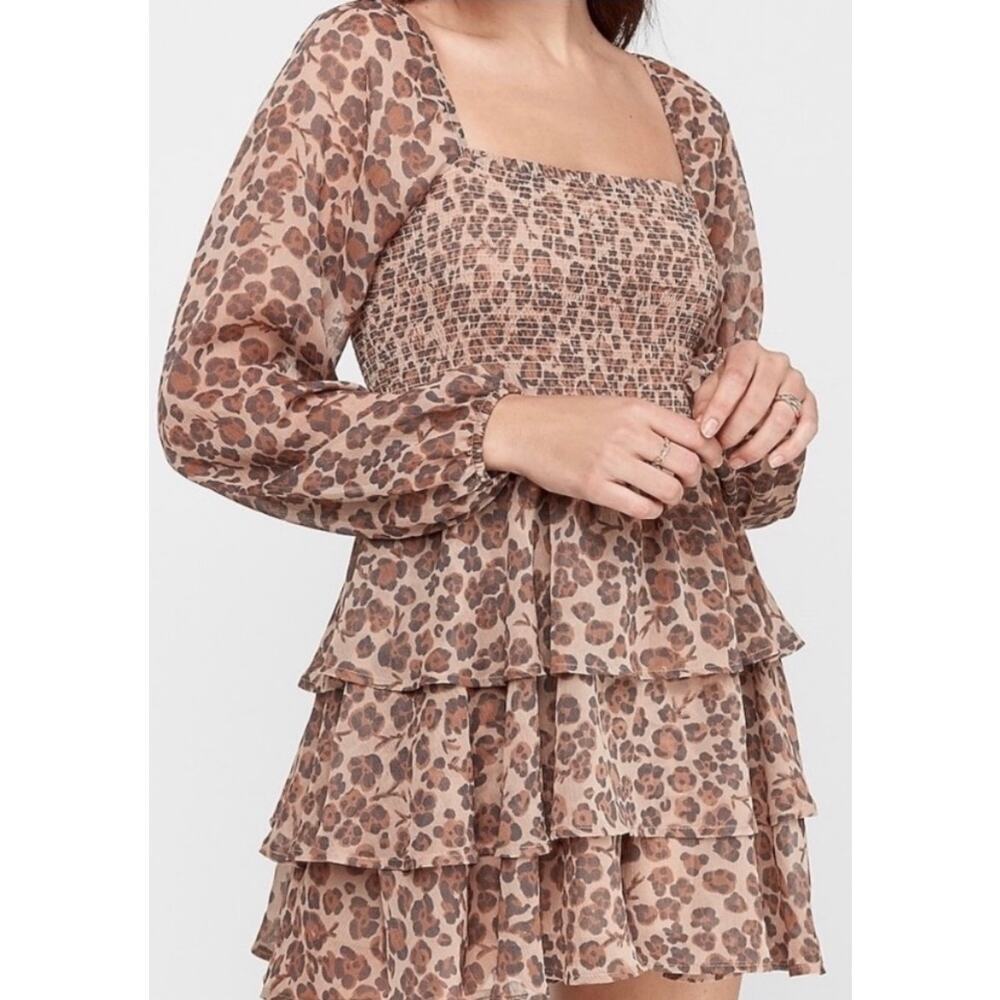 Express leopard print tiered ruffle long sleeve romper, size medium, MSRP $80